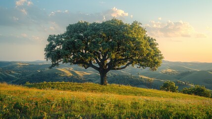 Fototapeta premium Capture the quiet beauty of a lone tree standing tall against a backdrop of rolling hills, a testament to resilience and strength.