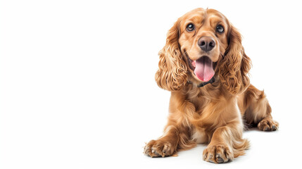 "A cheerful brown cocker spaniel dog seated, with white background, perfect for design projects" "Happy seated brown cocker spaniel dog against a white backdrop, with empty white background"