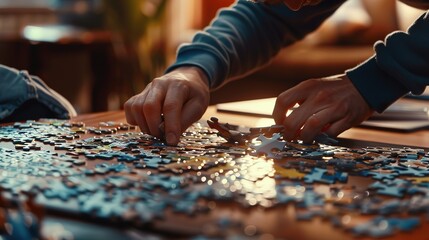 People place puzzle pieces into a puzzle on a table.