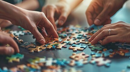 People place puzzle pieces into a puzzle on a table.