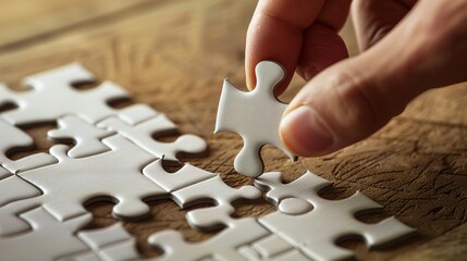 The person places the final puzzle piece into the puzzle on the table to complete it