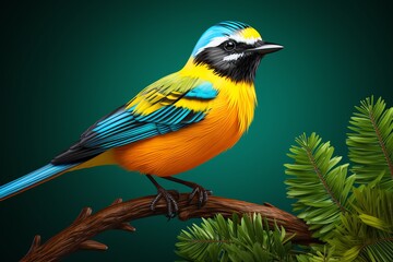 Small colorful bird sitting on a branch with green leaves on a dark green background.