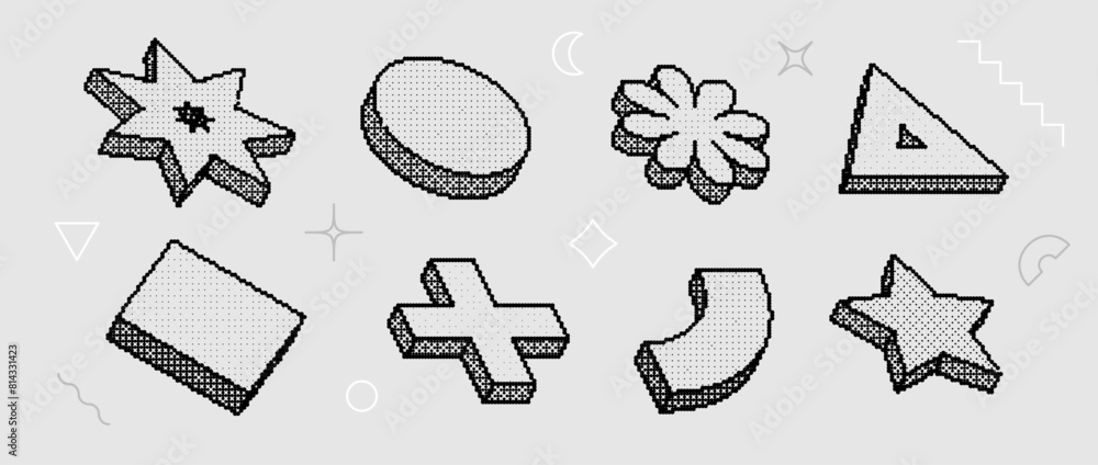 Poster Bitmap textured shape set. Dither halftone objects collection. Black 3d flower, star, cross, arch, triangle elements for banner, poster, leaflet. Abstract pixelated raster effect bundle. Vector pack