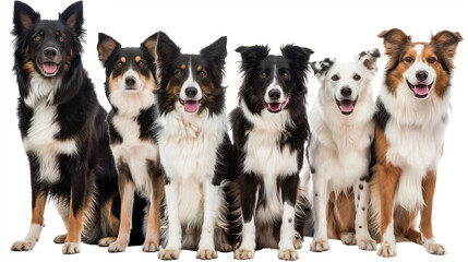 "Set of cheerful border collie dogs (close-up, seated, standing) with transparent background, isolated on white, with empty white backdrop"