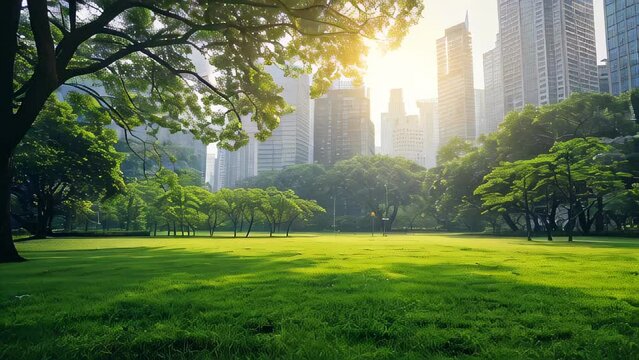 Green urban park with skyscrapers in background at sunrise