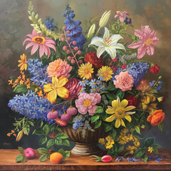 a detailed still-life painting of a bouquet of flowers, showcasing vibrant colors, delicate petals, and subtle shadows
