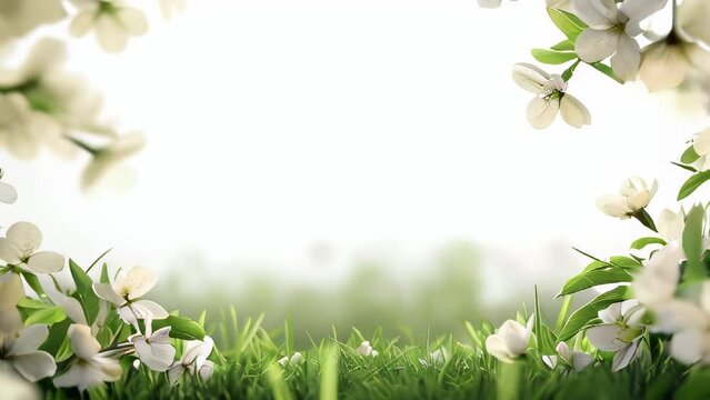 White blossoms framing serene grassy landscape under soft sky
