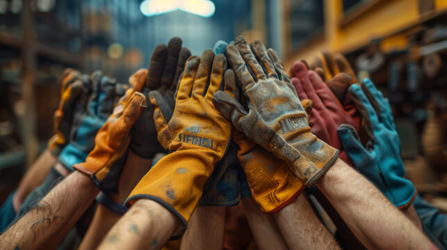 Group of workers showing unity and teamwork by raising their dirty gloved hands together at a worksite.