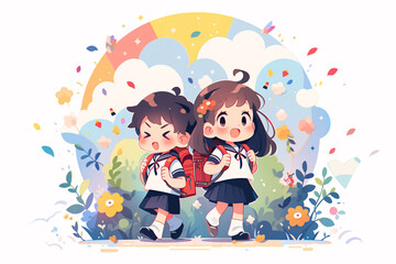 Educational illustration of students carrying backpacks back to school during the beginning of school season, educational learning concept illustration