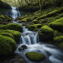 Fototapeta premium Embrace the spirit of National Camera Day with a close-up of a sparkling waterfall cascading over moss-covered rocks.