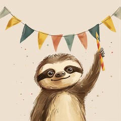 Fototapeta premium Sloth displaying a birthday banner