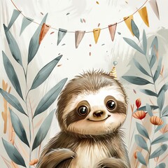 Fototapeta premium Sloth displaying a birthday banner