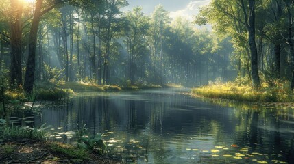 Obraz premium Illuminate a tranquil forest pond reflecting the surrounding trees, inviting viewers to lose themselves in the beauty of stillness.