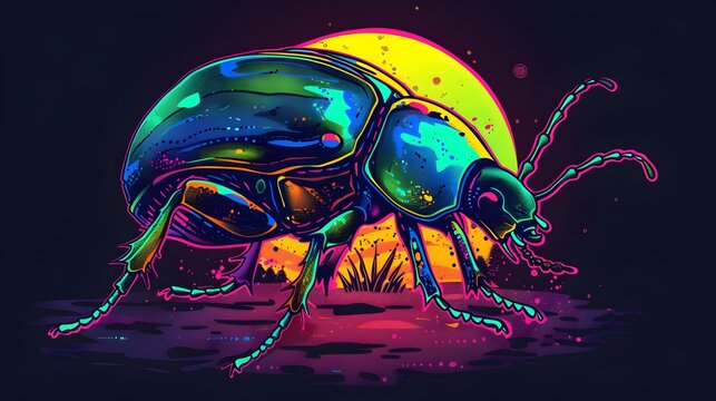 Glowing Neon Beetle Burrowing Underground in Vibrant Synthwave Forest