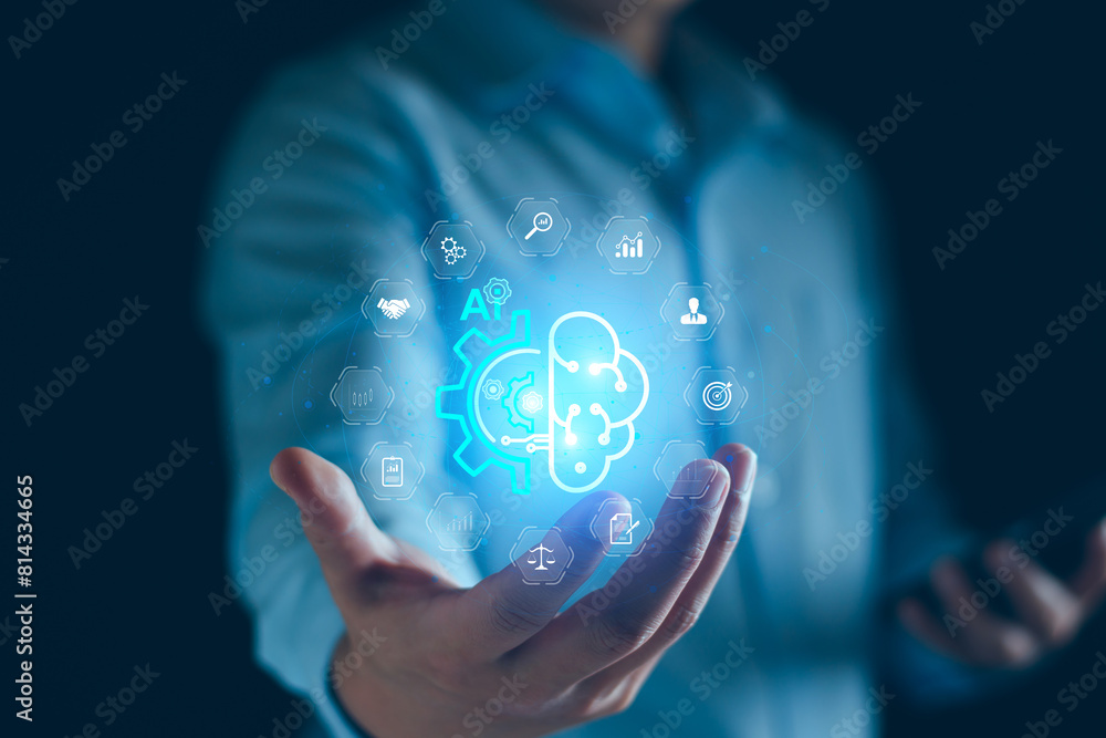 Poster chat robot ai assistant concept. business man show smart ai chatbot. modern technology ai or artific