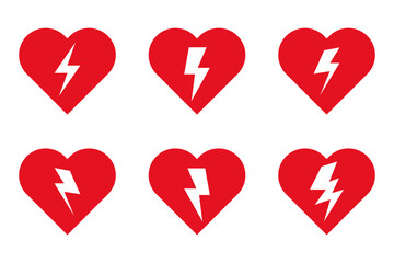 Aed sign with heart and electricity symbol.