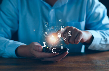 Currency exchange and international money transfer concept. Businessman searching virtual global currency exchange, foreign currency, international money transfer, financial online banking payment