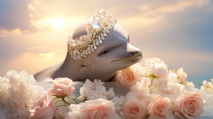 sophisticated dolphin wears a bespoke silk scarf, accentuated by a pearl necklace and diamond earrings