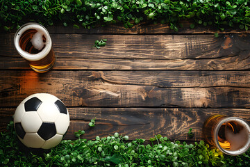 Fresh cold beer and soccer ball on dark wooden table. Watch match with friends in pub or bar. Game and drink. World championship cup. Sport and leisure. Banner with copy space. Top view, flat lay