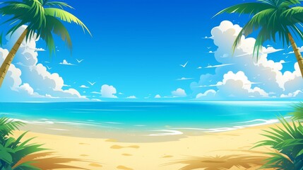 Quirky beach illustration with surfboards and coconuts