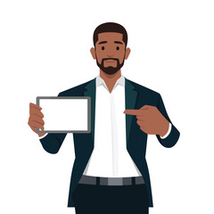 Happy confident business man showing a blank screen tablet computer and pointing. Flat vector illustration isolated on white background