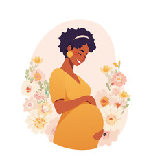 Beautiful pregnant black woman on floral background. Happy motherhood and parenthood. Modern flat vector cartoon illustration.