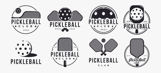 Set of Vintage Pickleball logo badge label vector, pickleball racket, ball on white background