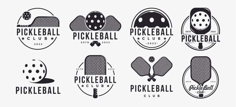 Set of Vintage Pickleball logo badge label vector, pickleball racket, ball on white background