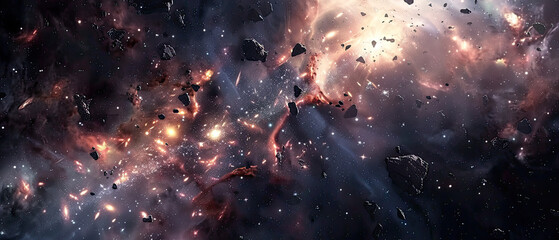 Dynamic depiction of a galaxy collision, with swirling star systems and scattered debris creating a...