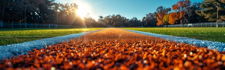 Close-up of artificial turf, grass track and field track on soccer field，Vibrant 4K Wallpaper of...