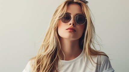 Fototapeta premium Attractive young blonde woman shows confidence in a blank t-shirt and stylish sunglasses on a pristine white background.