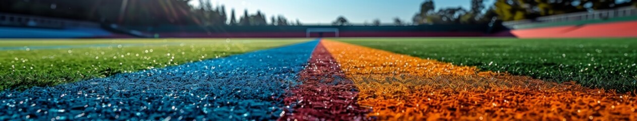 Close-up of artificial turf, grass track and field track on soccer field，Vibrant 4K Wallpaper of...
