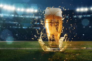 Glass with lager foamy beer on grass at soccer  stadium. Game and drink, sports fan. Watch football...