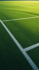 Obraz premium Close-up of artificial turf, grass track and field track on soccer field，Vibrant 4K Wallpaper of Close-Up Football Field with Artificial Turf and Green Grass Track. Dynamic Sports Arena for Soccer Ent