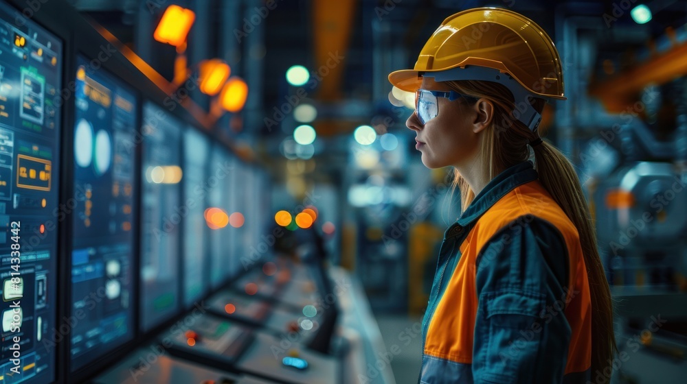 Poster ai-powered industrial automation system. female engineer inspects smart factory system in control ro
