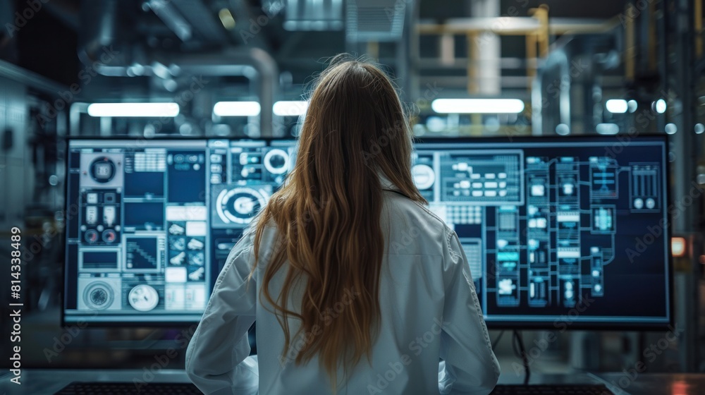 Poster ai-powered industrial automation system. female engineer inspects smart factory system in control ro