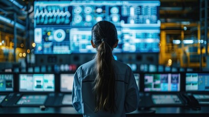 AI-powered industrial automation system. Female engineer inspects smart factory system in control room. Woman in STEM.