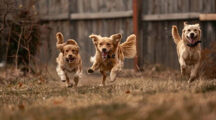 Three dogs running in the yard
