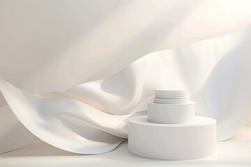 Cosmetic product on 3D pedestal podium with white paper swirl flow on white studio background