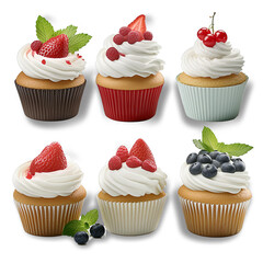 Cupcakes with whipped cream and berries vector set Isolated on white Birthday cupcakes with candles on light blue background. Holiday