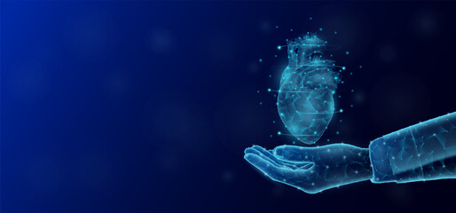 Heart floats in the nurse doctor hand. Human organ low poly polygon style. On dark blue background with empty copy space for text. Medical health care concept. Vector illustration.