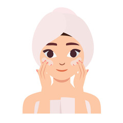 After a shower, a girl applies cream to her face. Personal care.