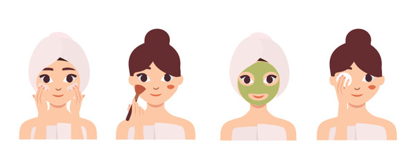 Women's skin care rules. Facial cleansing, mask, application of cream and makeup. Vector flat illustration.