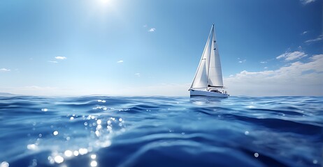  A sailboat on the open sea with a clear blue sky and sunlight in the background. white boat on...