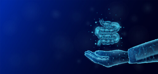 Small intestine floats in the nurse doctor hand. Human organ low poly polygon style. On dark blue background with empty copy space for text. Medical health care concept. Vector illustration.