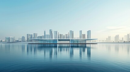 Fototapeta premium Simple white architecture in a bustling city with clear skies. Architectural scenes reminiscent of architectural concept art It features intricate details and perspective.