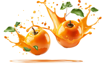 Illustration of an orange juice plum splash with fresh fruit and leaves