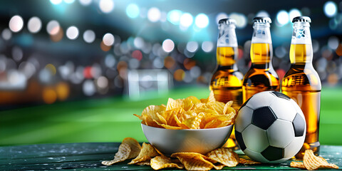 Fresh cold beer, bowl of chips snack and soccer ball on football field. Watch match with friends on weekend. Game and drink. Sport and leisure concept. Banner with copy space