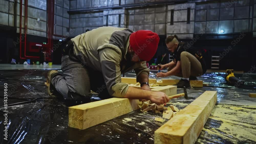 Poster carpentry works, carving wood block. media. using chisel for processing timber bar while assembling 