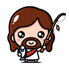cute jesus holding fish and fishing rod